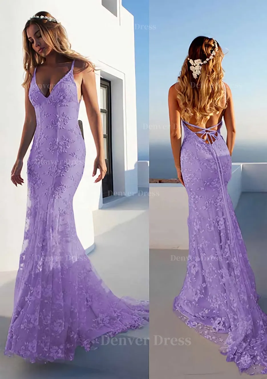 Trumpet/Mermaid Spaghetti Straps Court Train Lace Prom Dress