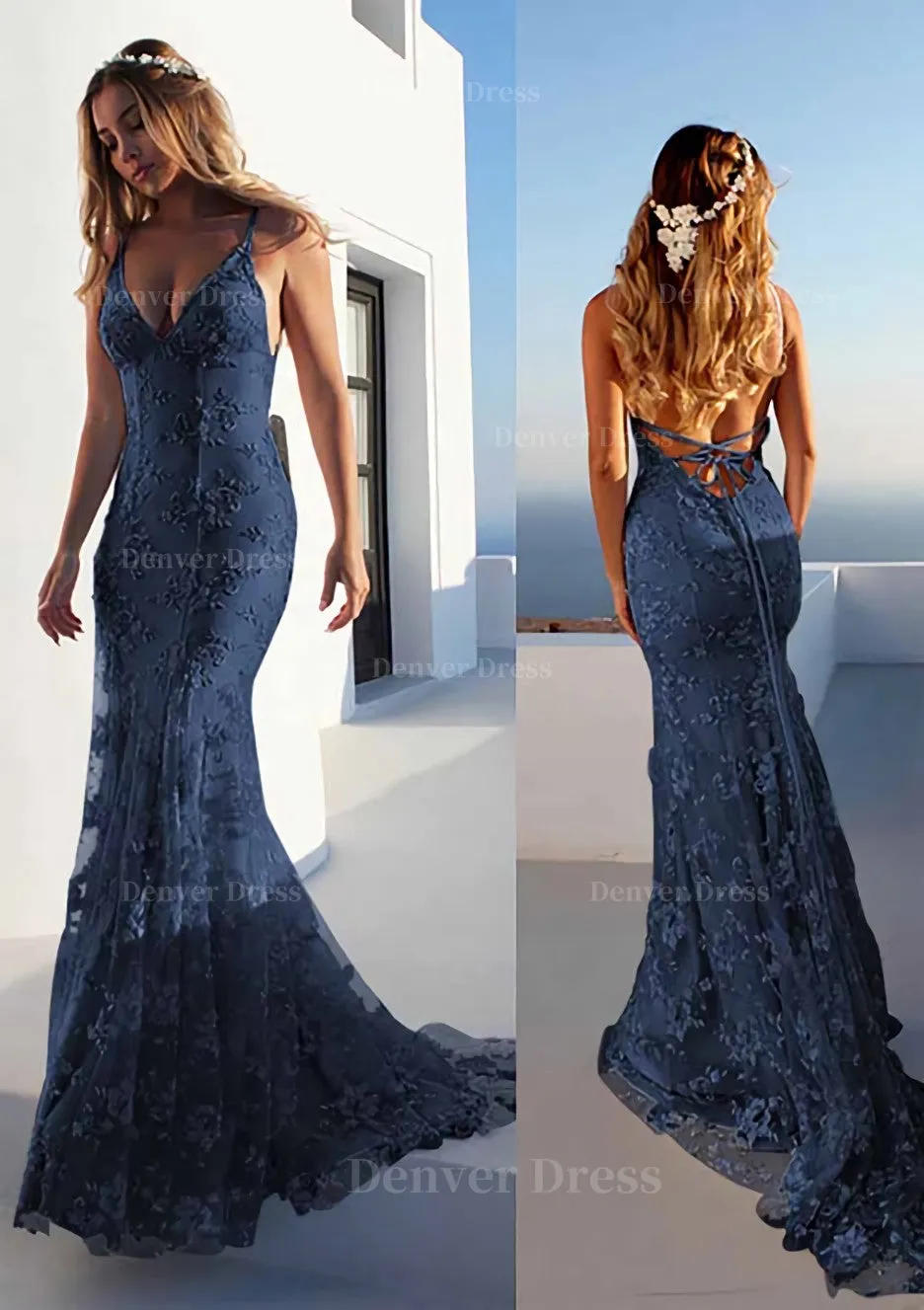 Trumpet/Mermaid Spaghetti Straps Court Train Lace Prom Dress