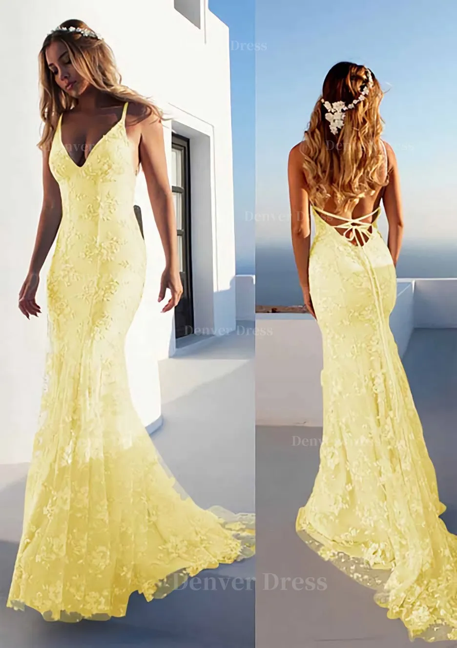 Trumpet/Mermaid Spaghetti Straps Court Train Lace Prom Dress