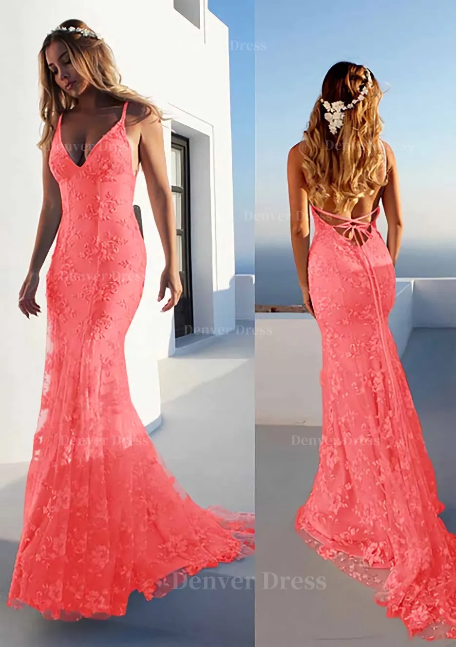 Trumpet/Mermaid Spaghetti Straps Court Train Lace Prom Dress