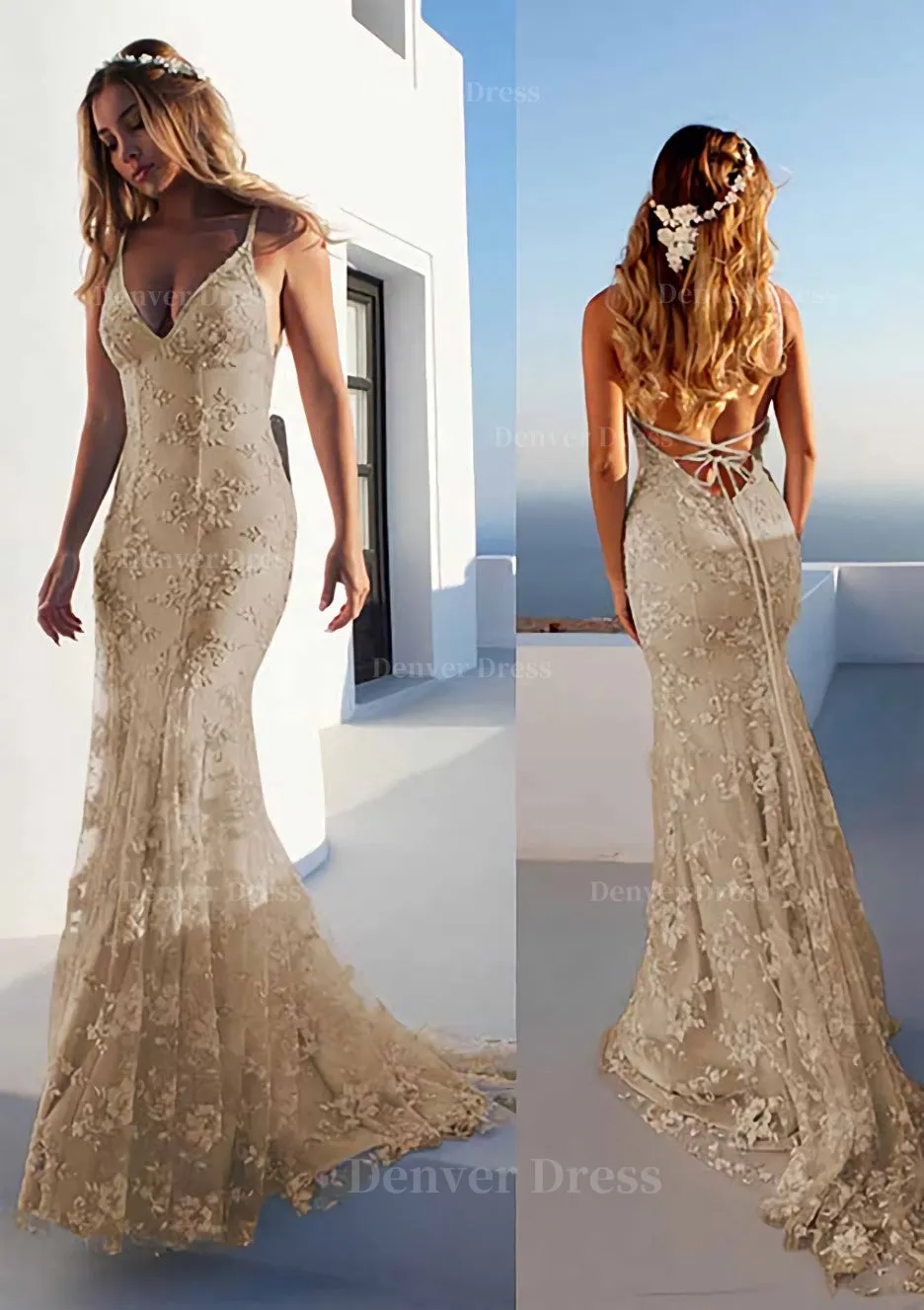 Trumpet/Mermaid Spaghetti Straps Court Train Lace Prom Dress