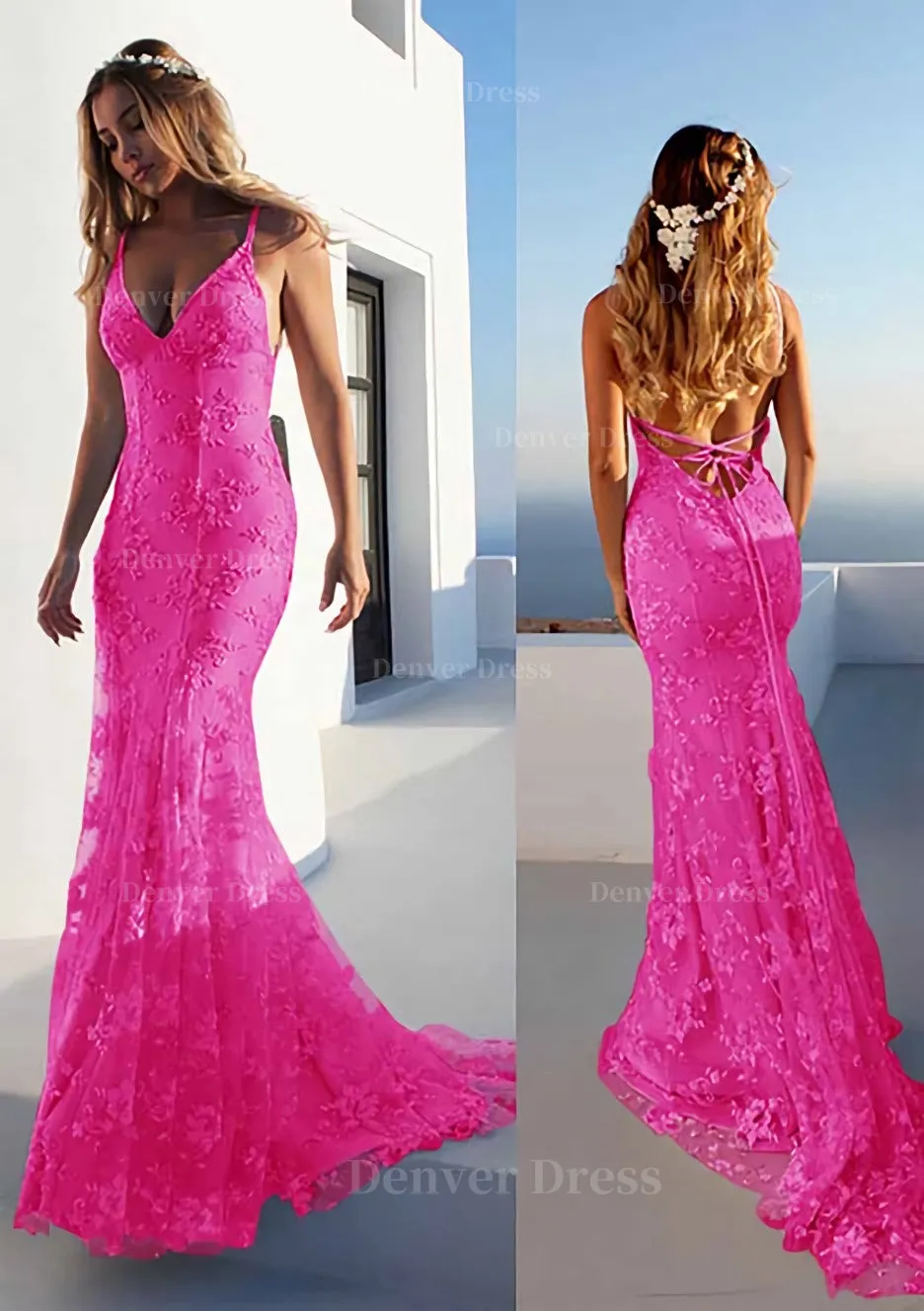 Trumpet/Mermaid Spaghetti Straps Court Train Lace Prom Dress