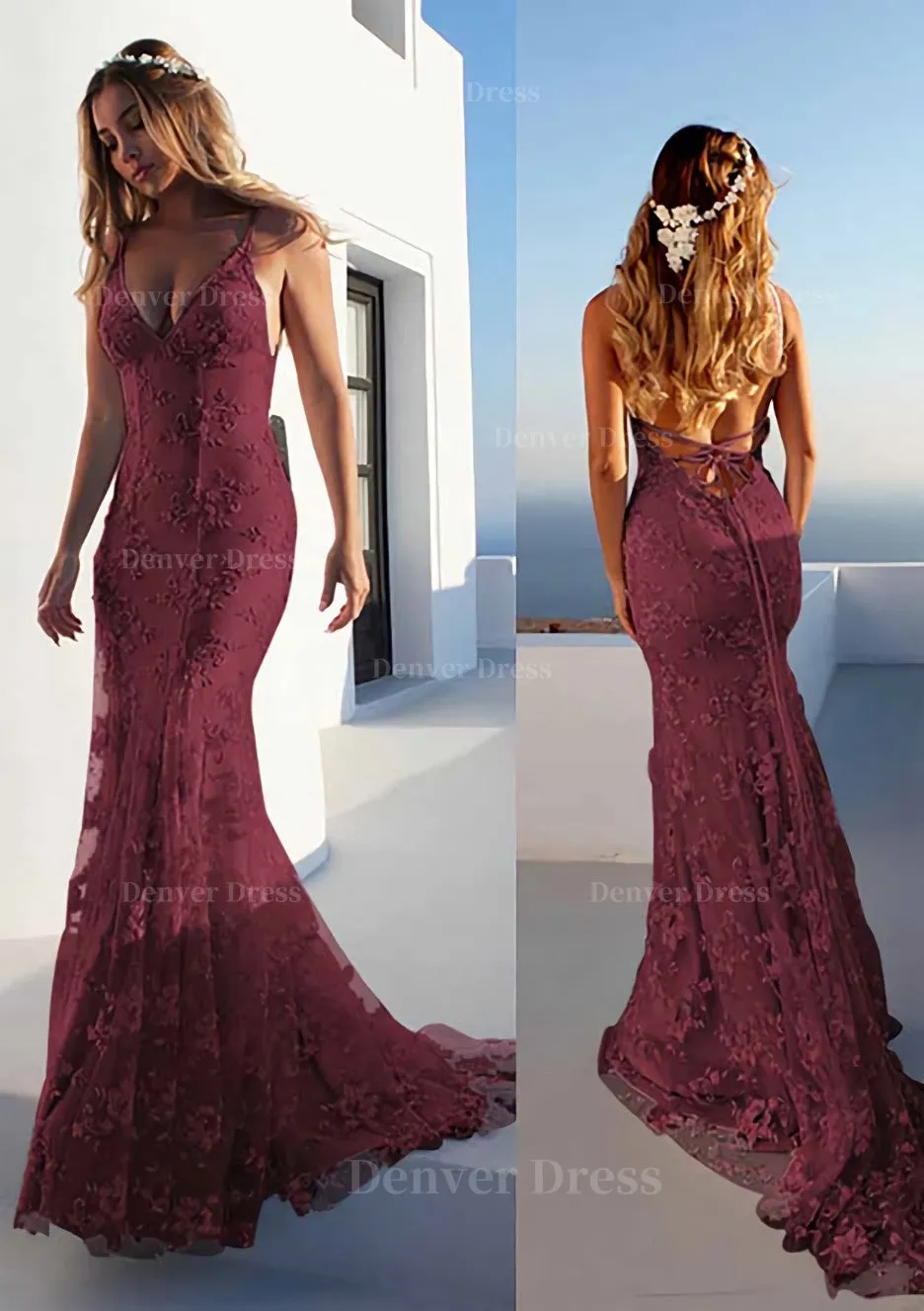 Trumpet/Mermaid Spaghetti Straps Court Train Lace Prom Dress