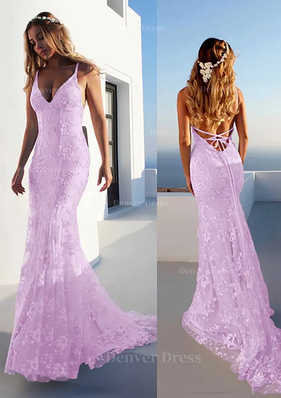 Trumpet/Mermaid Spaghetti Straps Court Train Lace Prom Dress