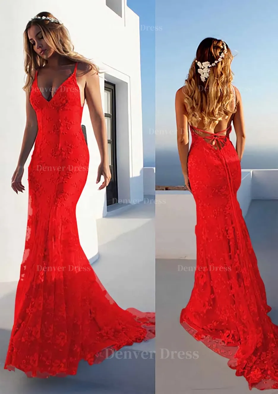 Trumpet/Mermaid Spaghetti Straps Court Train Lace Prom Dress