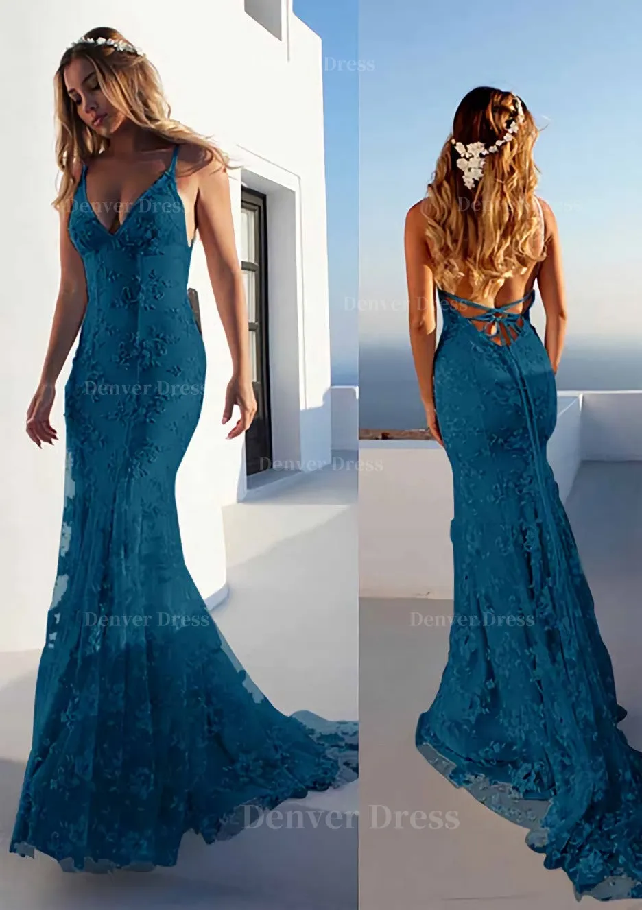 Trumpet/Mermaid Spaghetti Straps Court Train Lace Prom Dress