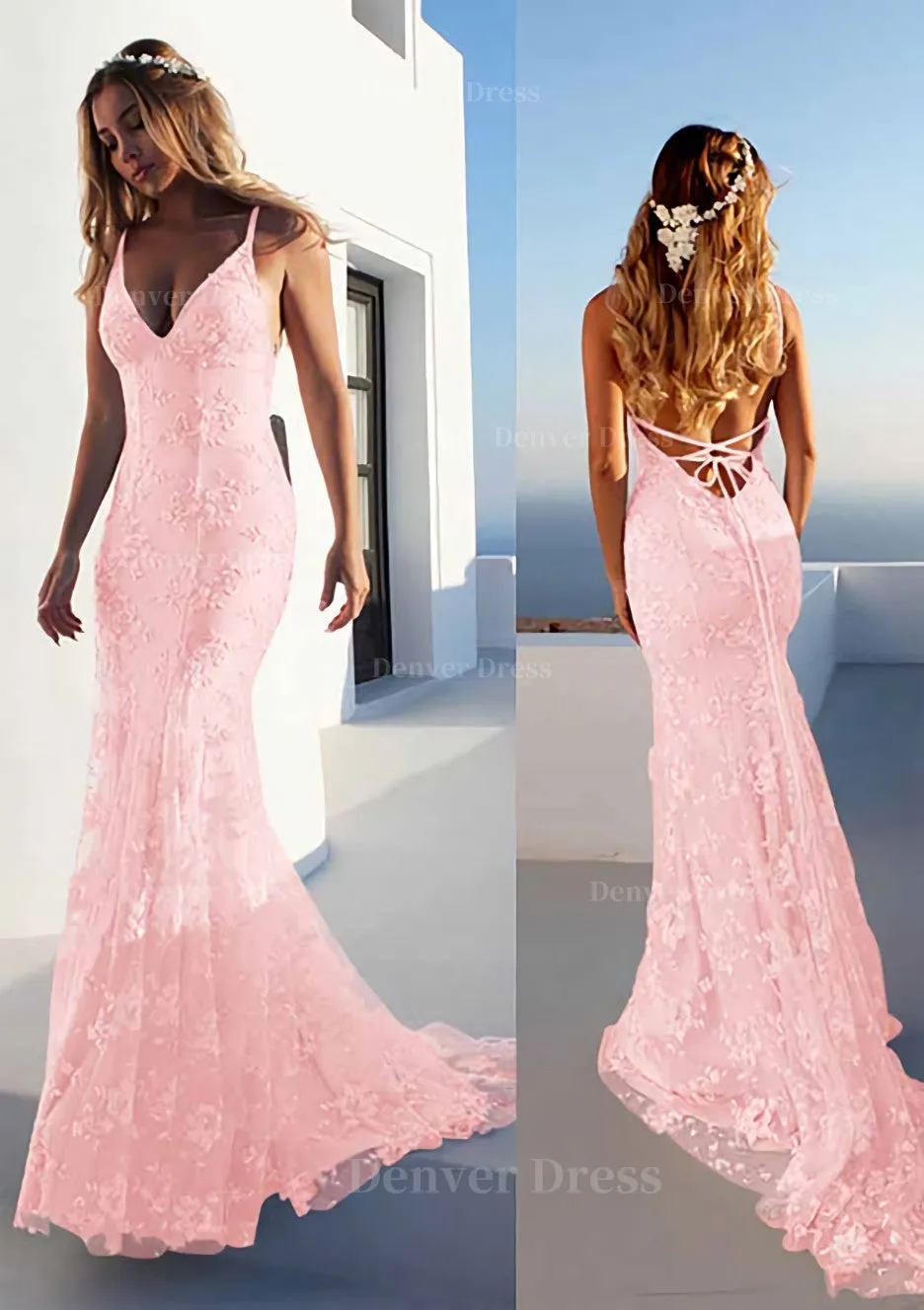 Trumpet/Mermaid Spaghetti Straps Court Train Lace Prom Dress