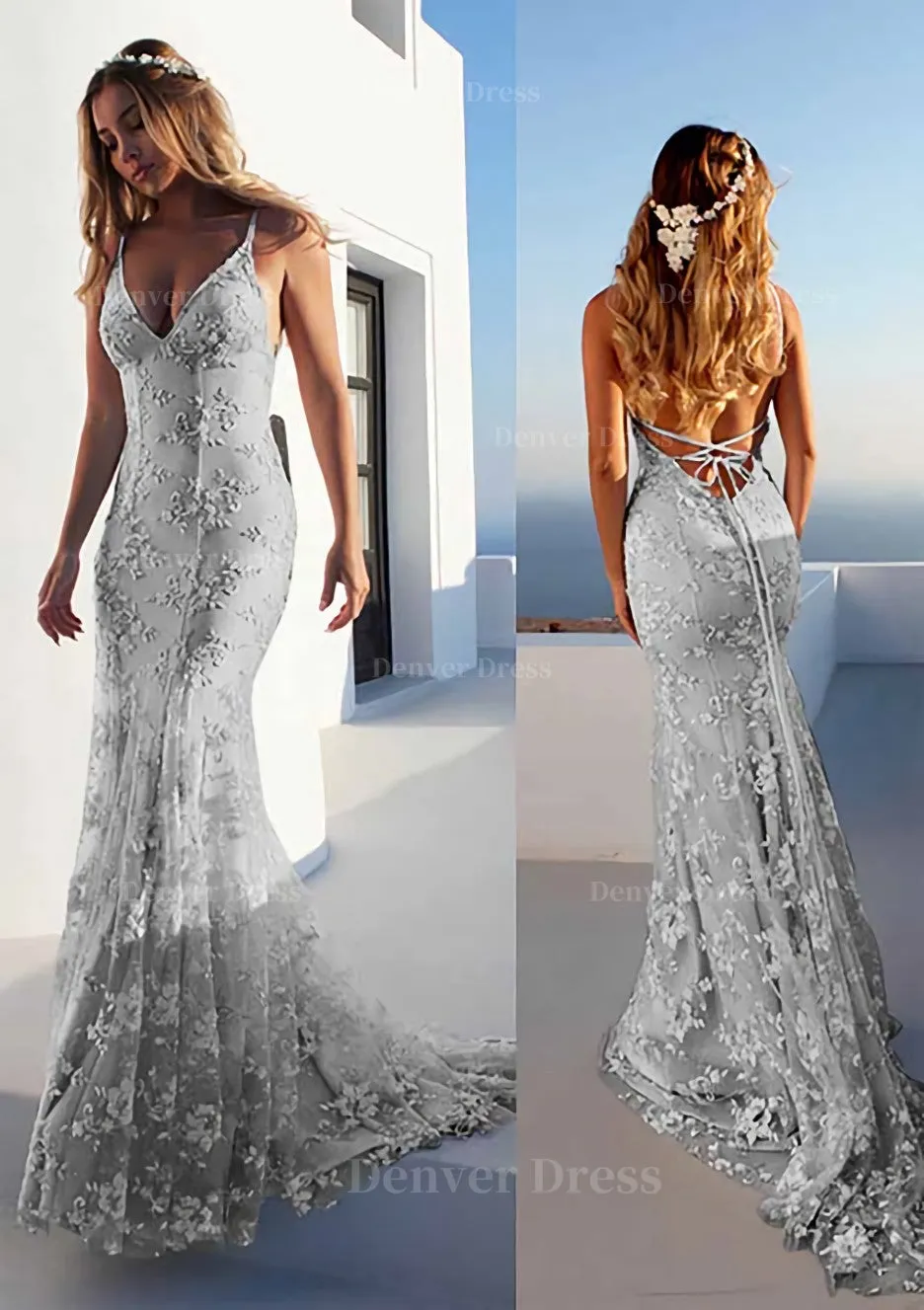 Trumpet/Mermaid Spaghetti Straps Court Train Lace Prom Dress