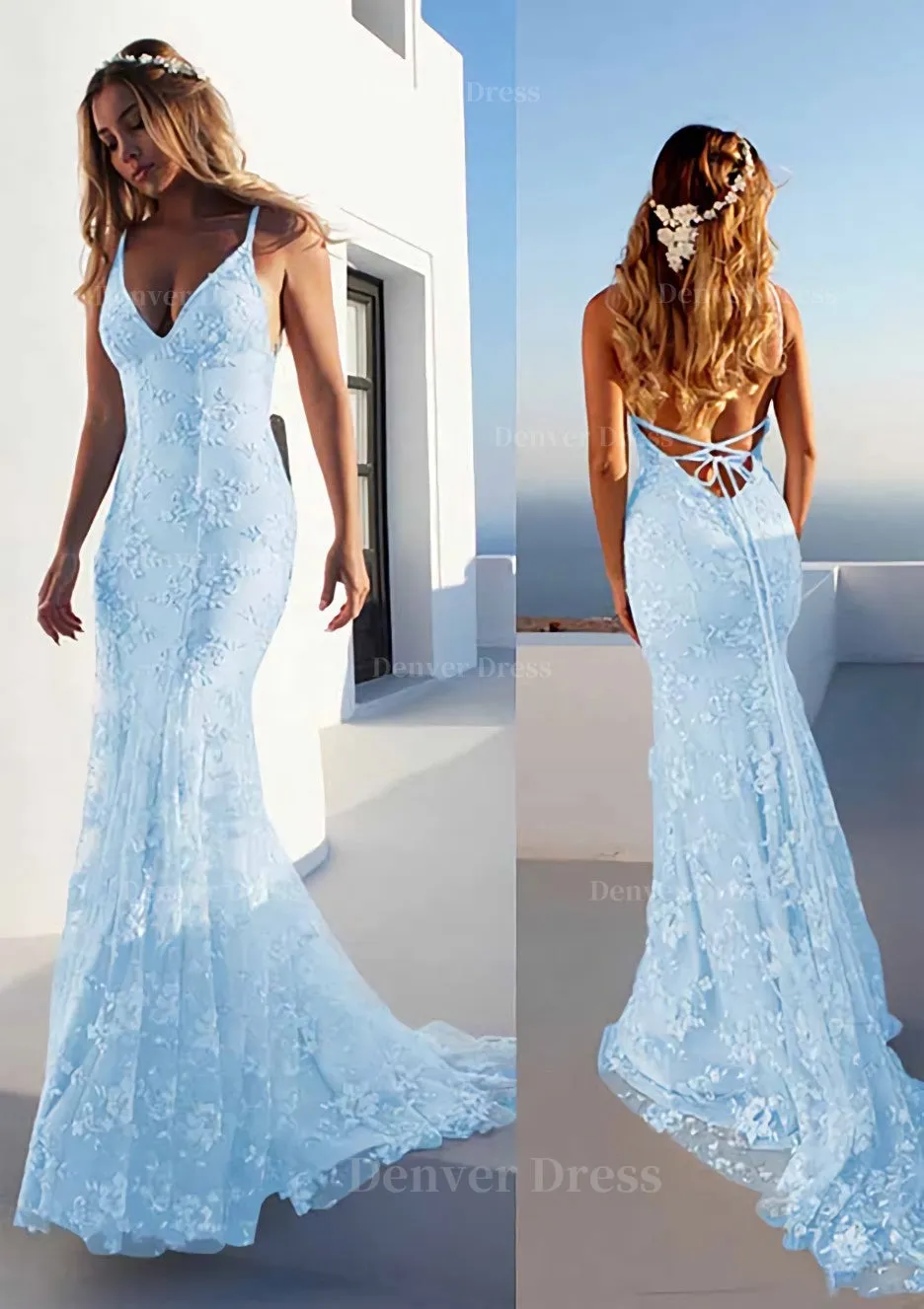 Trumpet/Mermaid Spaghetti Straps Court Train Lace Prom Dress