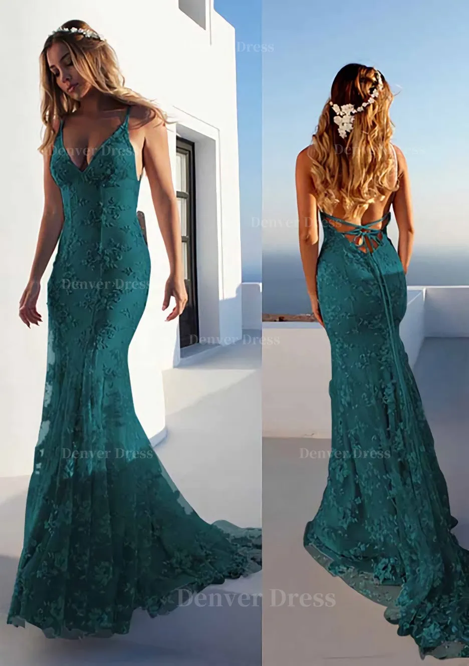 Trumpet/Mermaid Spaghetti Straps Court Train Lace Prom Dress