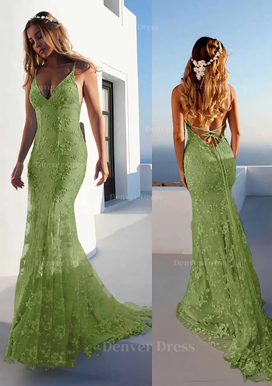 Trumpet/Mermaid Spaghetti Straps Court Train Lace Prom Dress