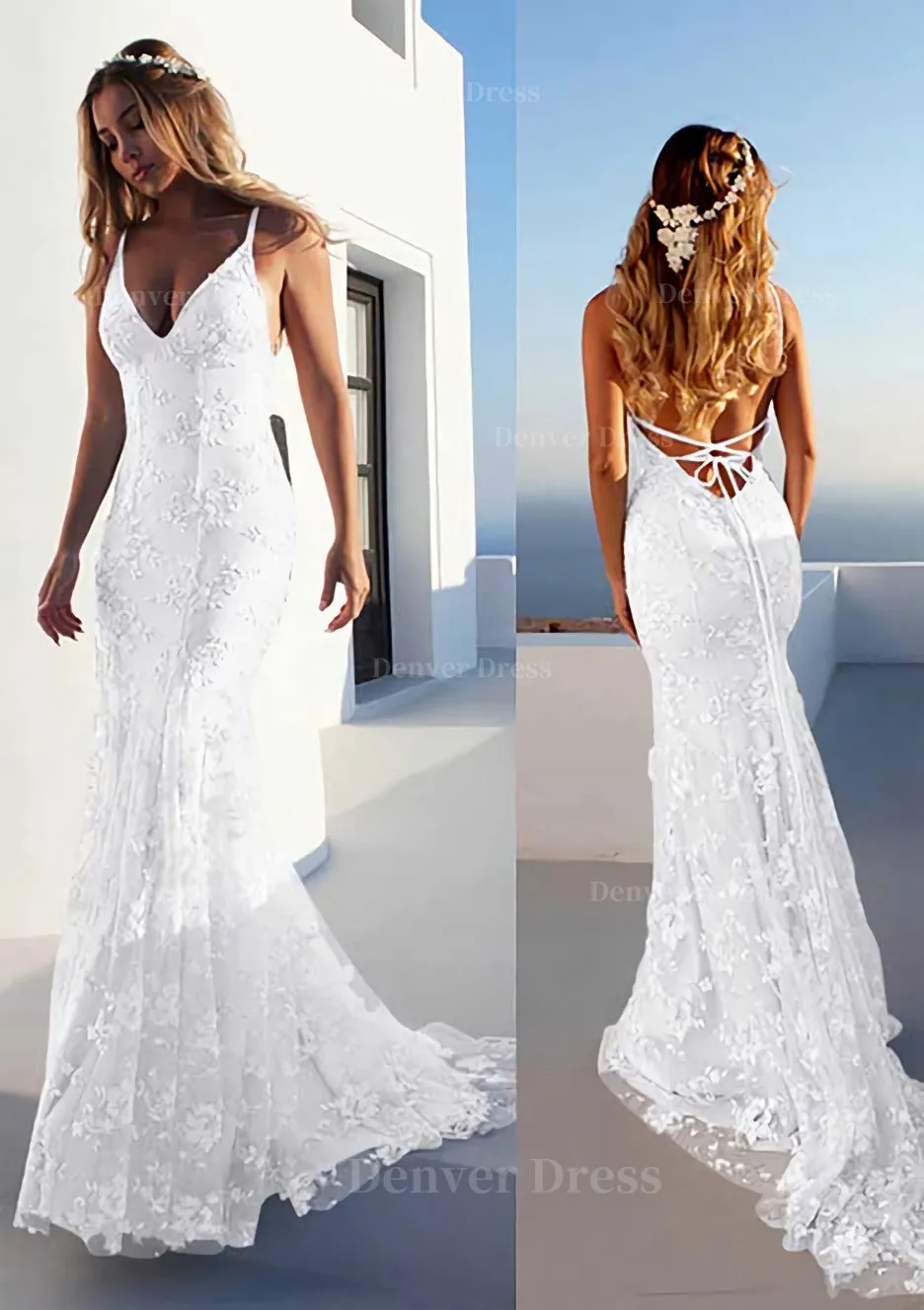 Trumpet/Mermaid Spaghetti Straps Court Train Lace Prom Dress