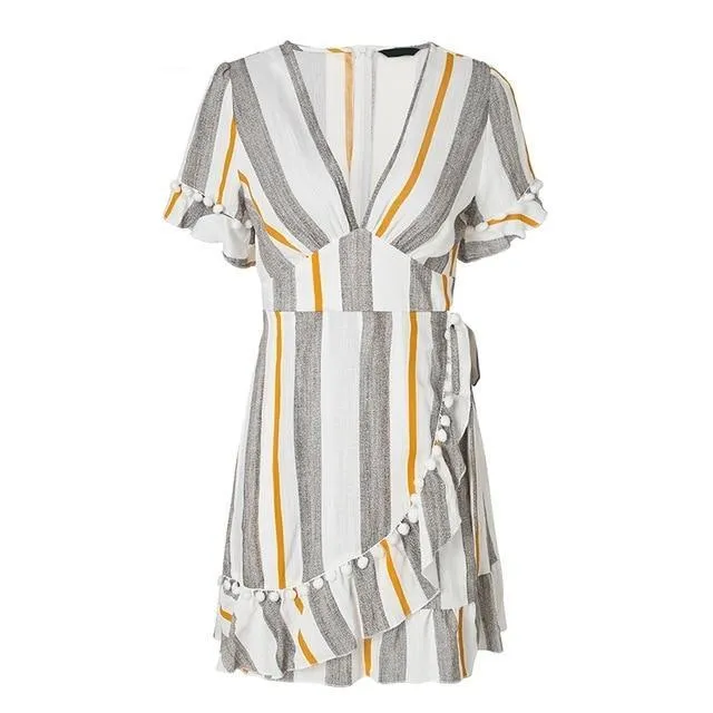 V neck Stripe Ruffle Summer Wrap Dress