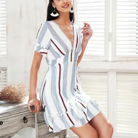 V neck Stripe Ruffle Summer Wrap Dress