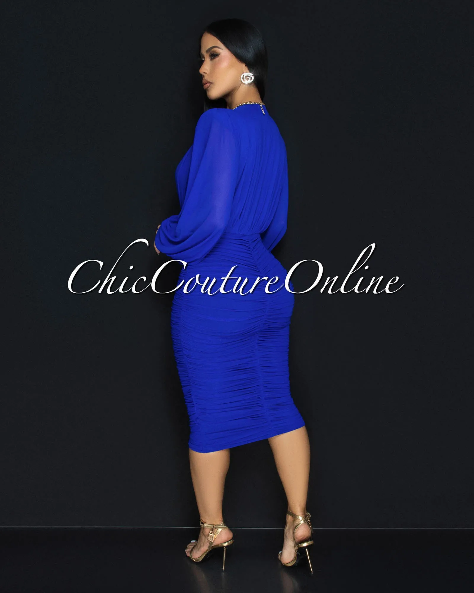 Vanica Royal-Blue Mesh Overlay Plunging V-Neck Midi Dress  (PRE-ORDER)