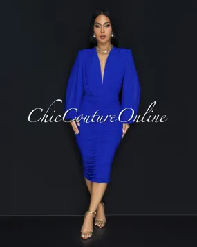 Vanica Royal-Blue Mesh Overlay Plunging V-Neck Midi Dress  (PRE-ORDER)