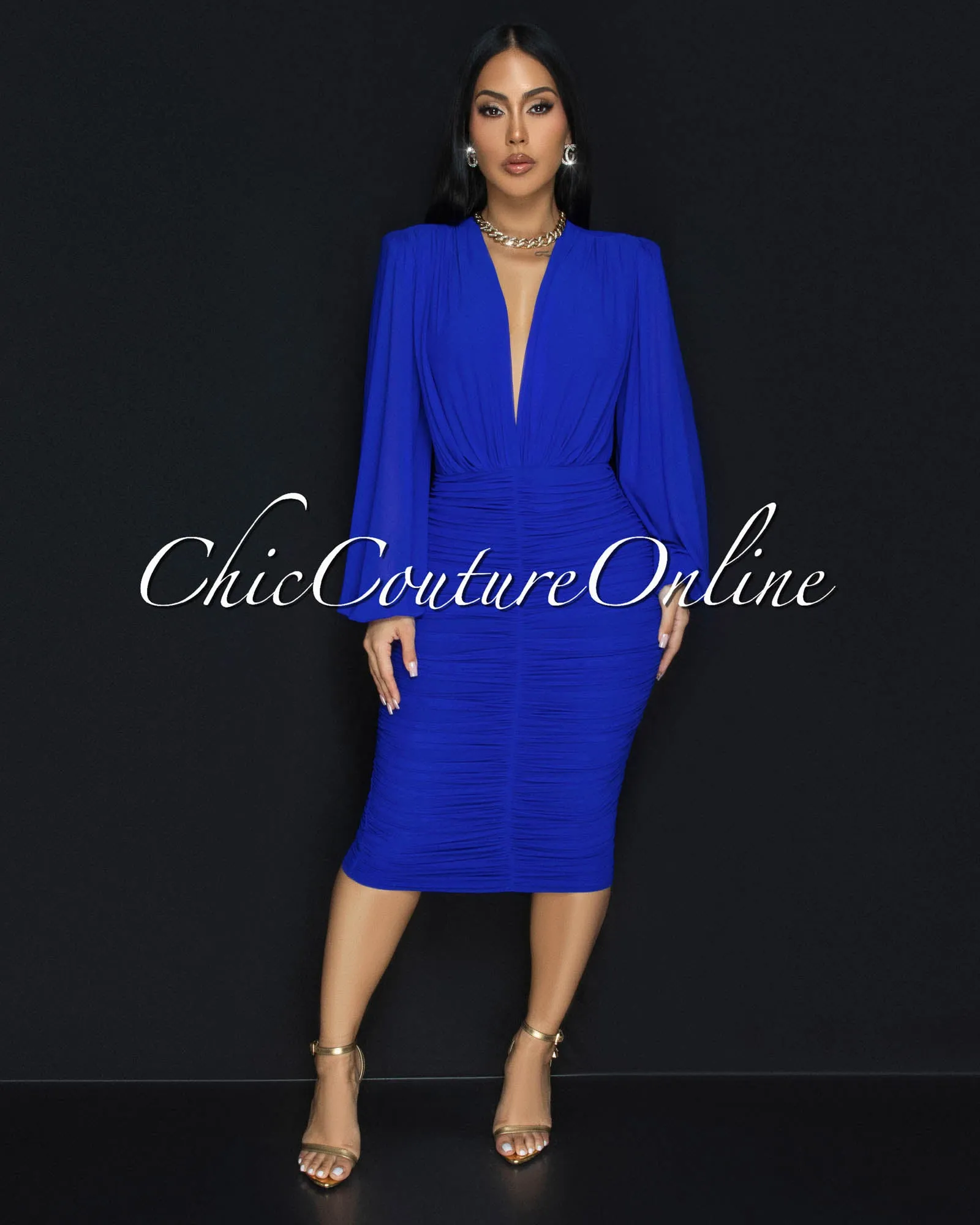 Vanica Royal-Blue Mesh Overlay Plunging V-Neck Midi Dress  (PRE-ORDER)