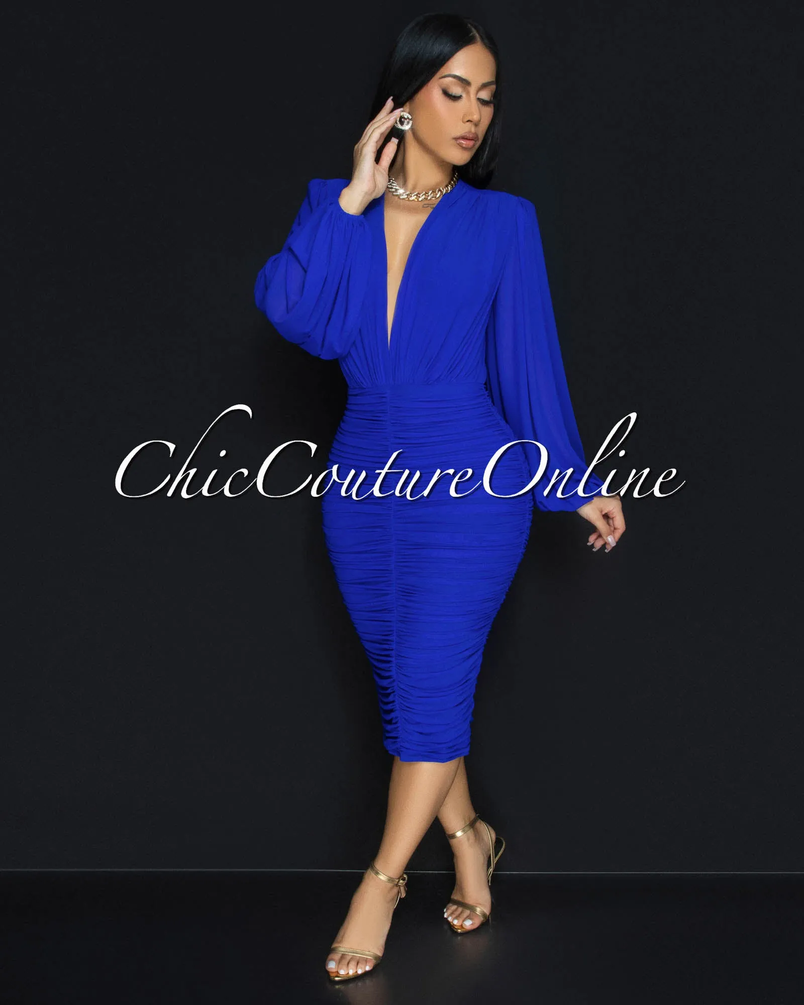 Vanica Royal-Blue Mesh Overlay Plunging V-Neck Midi Dress  (PRE-ORDER)