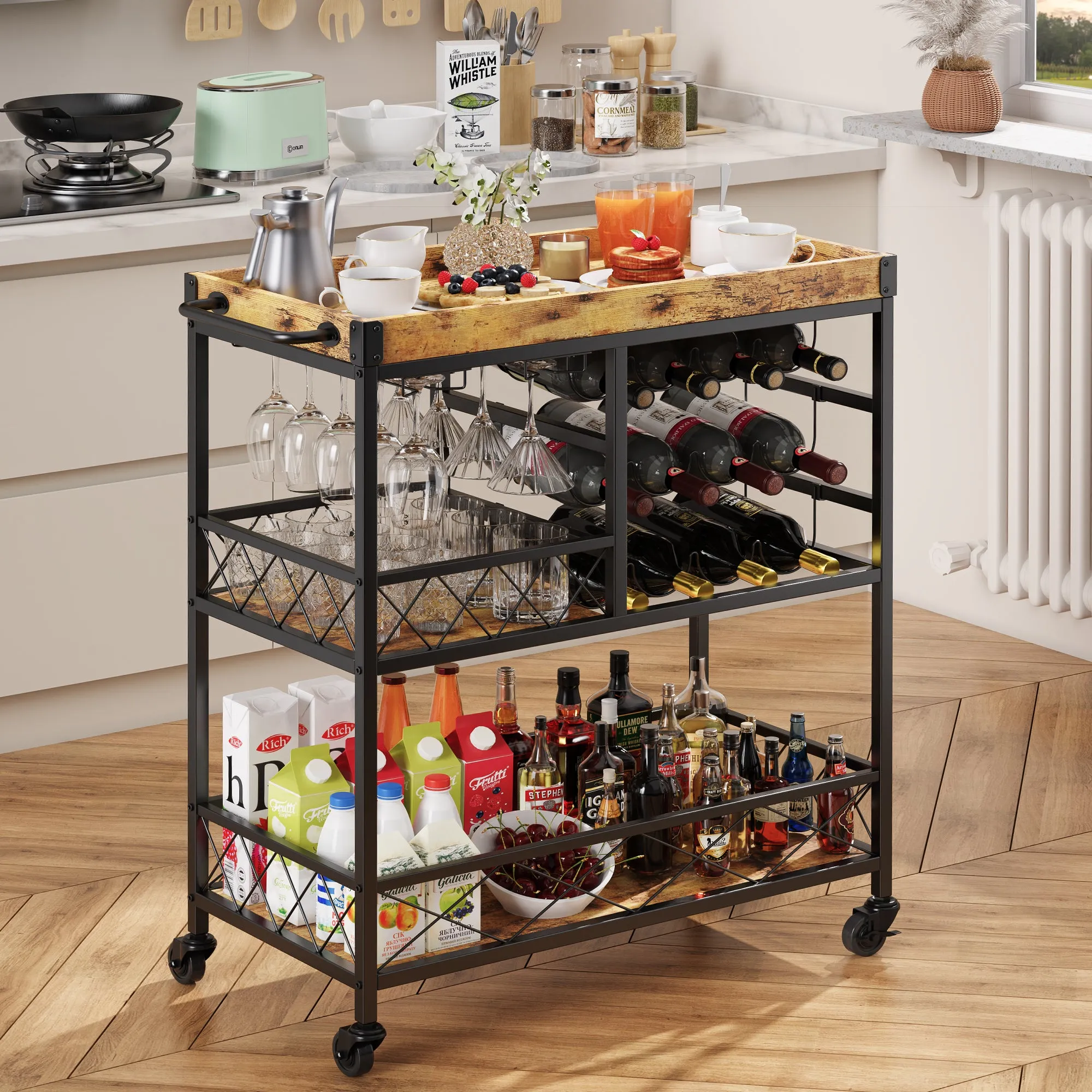 Victure AK40 3-Tier 38" Home Bar Serving Cart with Lockable Wheels