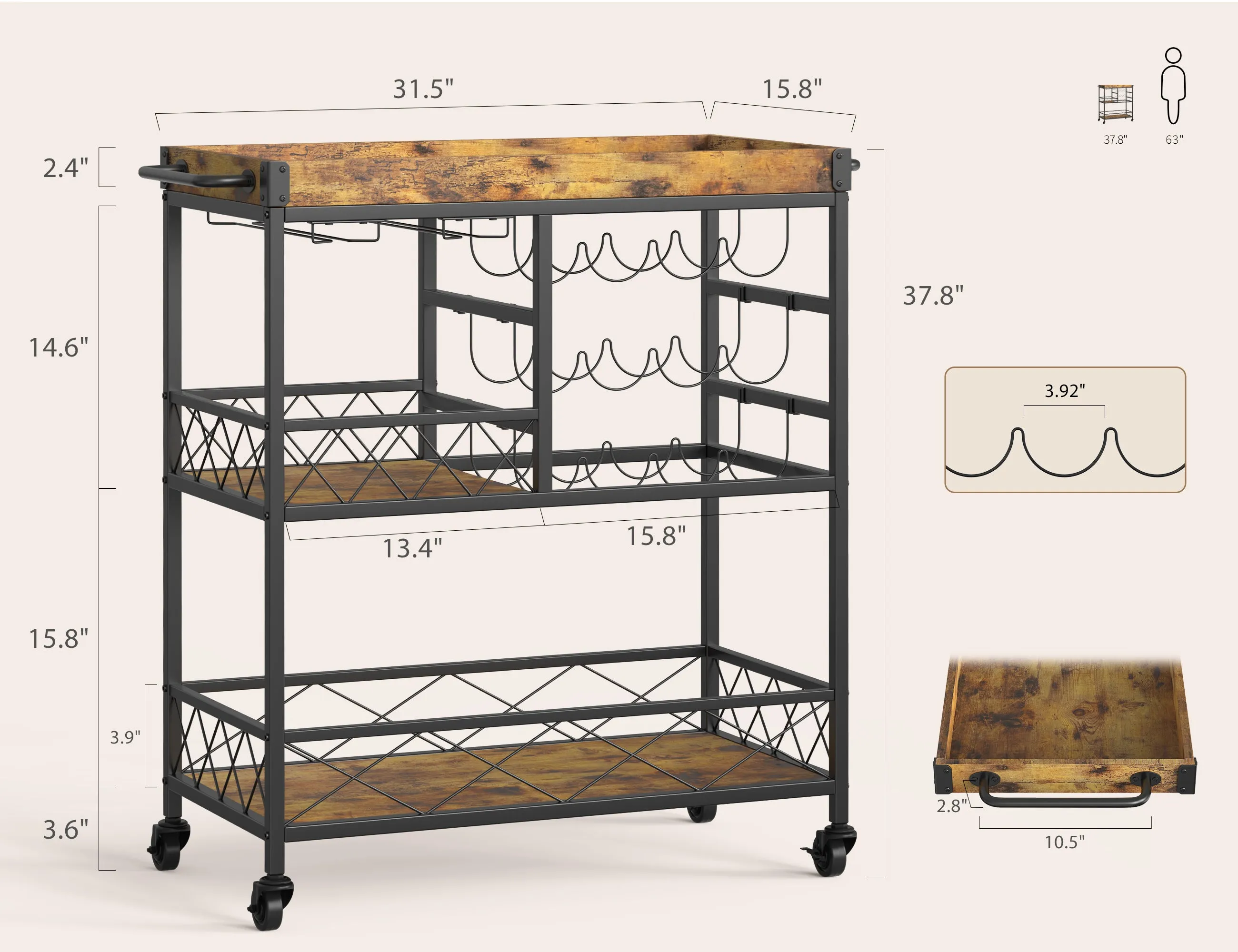 Victure AK40 3-Tier 38" Home Bar Serving Cart with Lockable Wheels