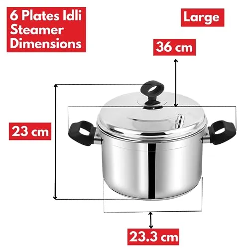 Vinod Stainless Steel Idli Pot/Idli Cooking Pot /6 Pcs Plates Induction Base Idly Maker Large /36 Cm (Makes Upto 24 Idli At A Time), Silver (36 X 23.5 X 23 Lxwxh), 1 Liter