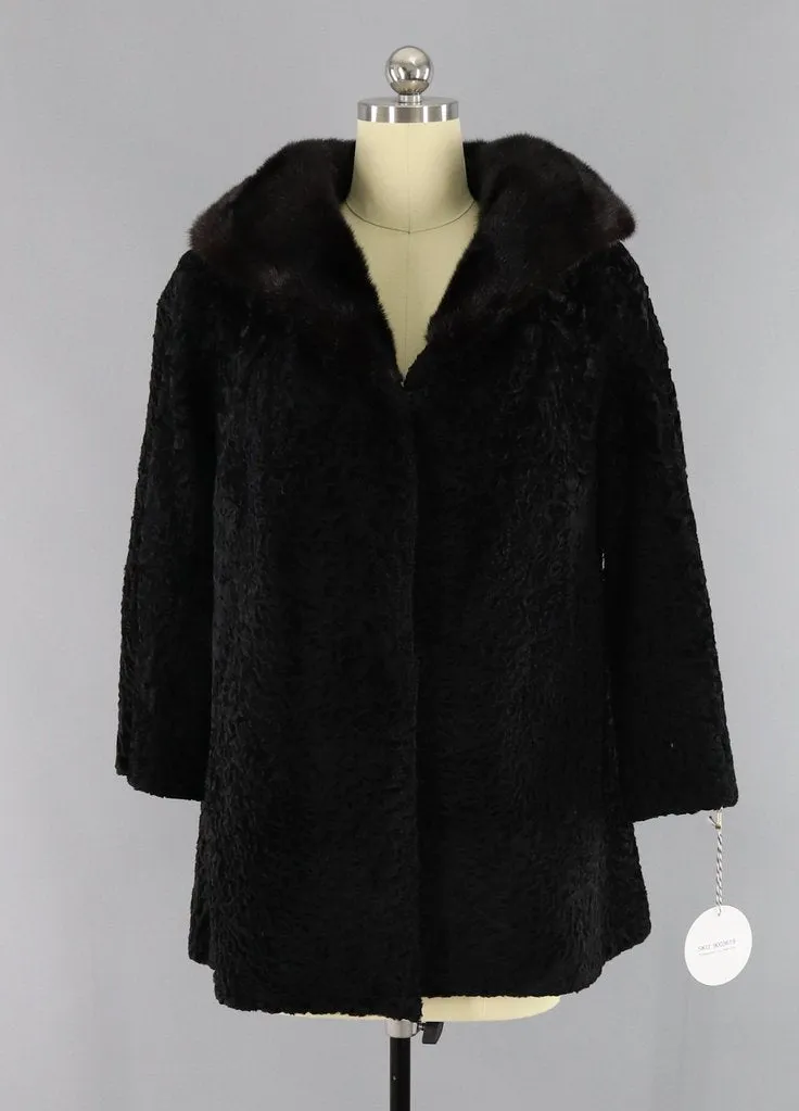 Vintage 1950s-1960s Curly Lamb Fur Coat with Mink Collar