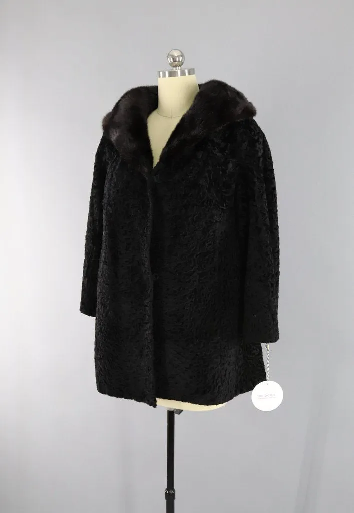 Vintage 1950s-1960s Curly Lamb Fur Coat with Mink Collar