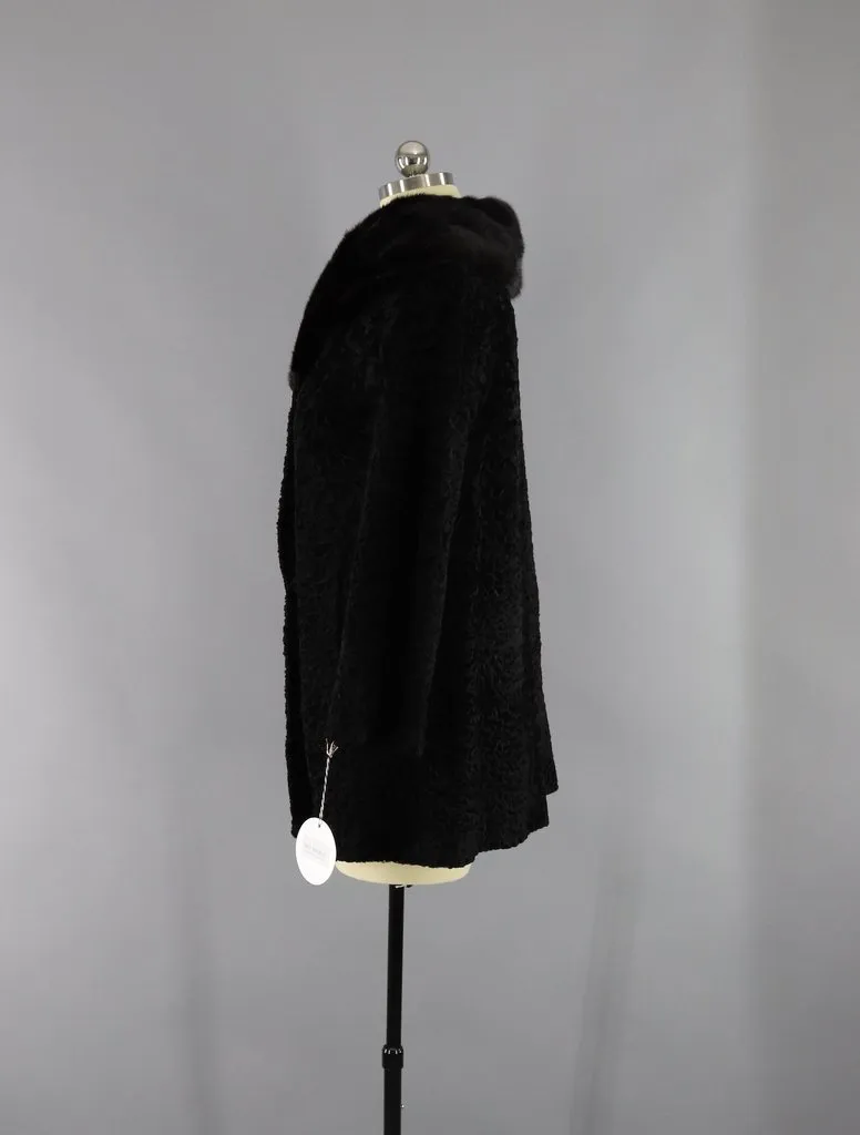 Vintage 1950s-1960s Curly Lamb Fur Coat with Mink Collar