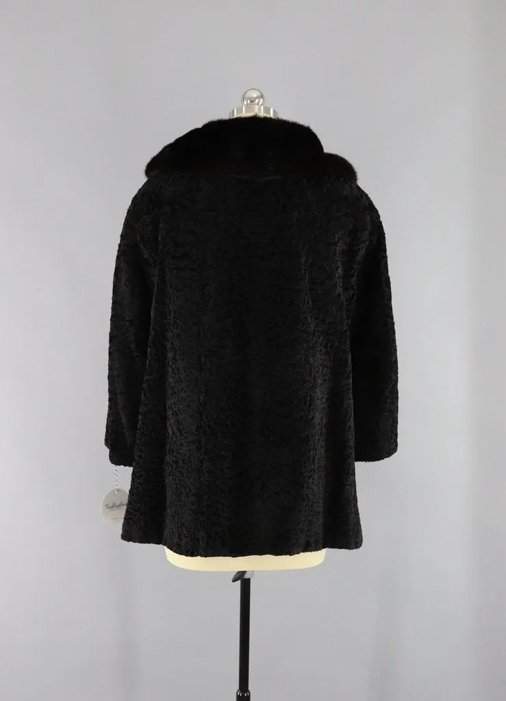 Vintage 1950s-1960s Curly Lamb Fur Coat with Mink Collar