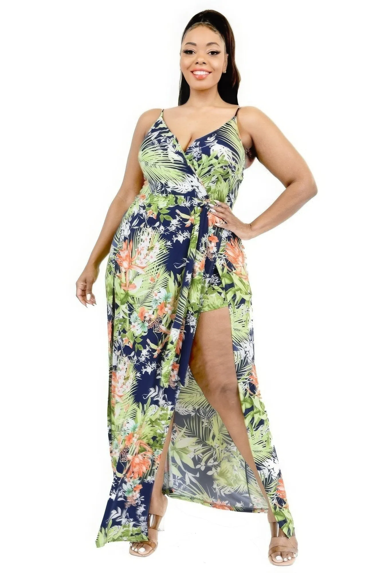 Voluptuous ( ) Plus Tropical Leaf Print Surplice Plus Size Maxi Dress