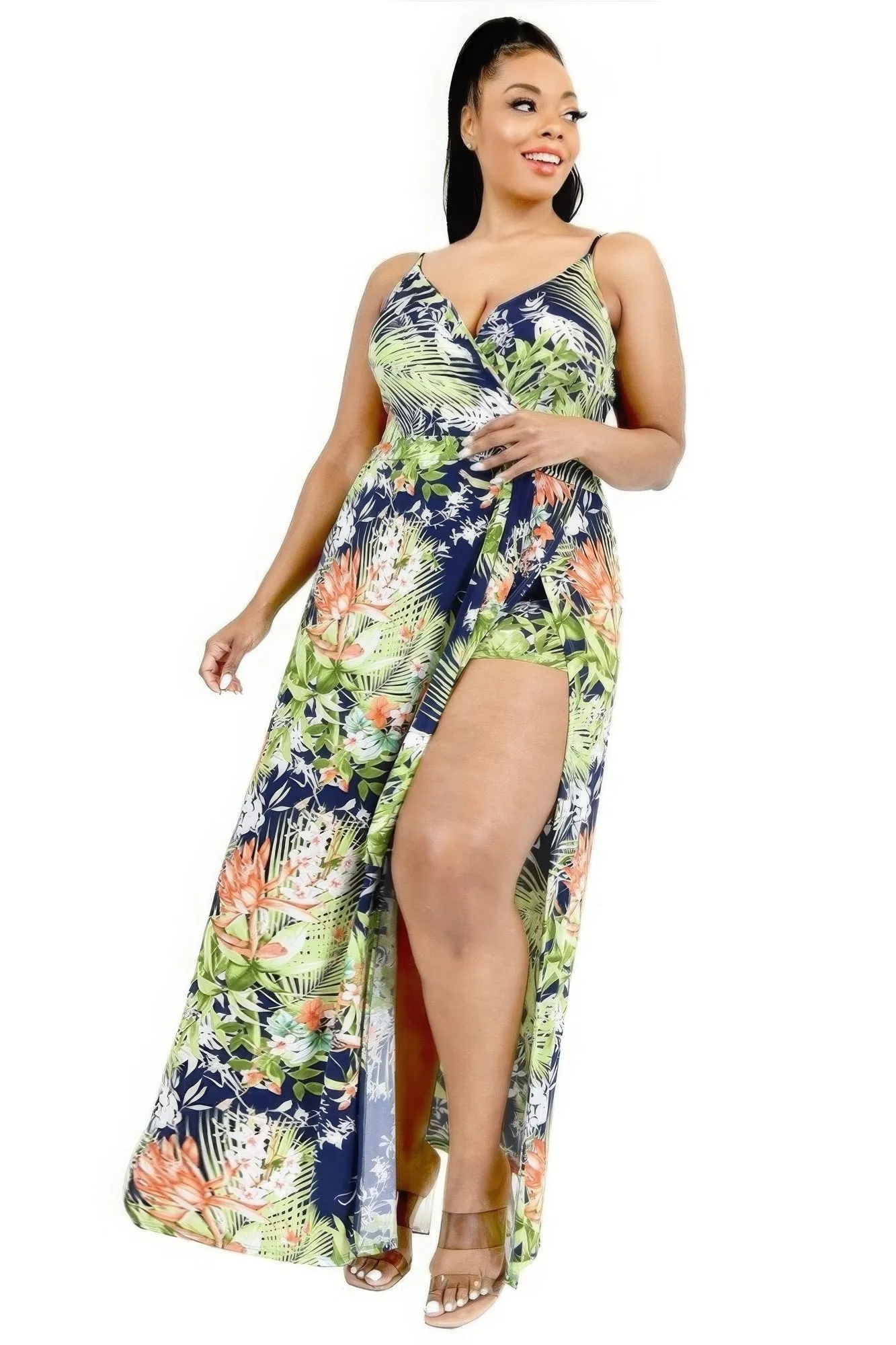 Voluptuous ( ) Plus Tropical Leaf Print Surplice Plus Size Maxi Dress