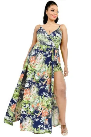 Voluptuous ( ) Plus Tropical Leaf Print Surplice Plus Size Maxi Dress