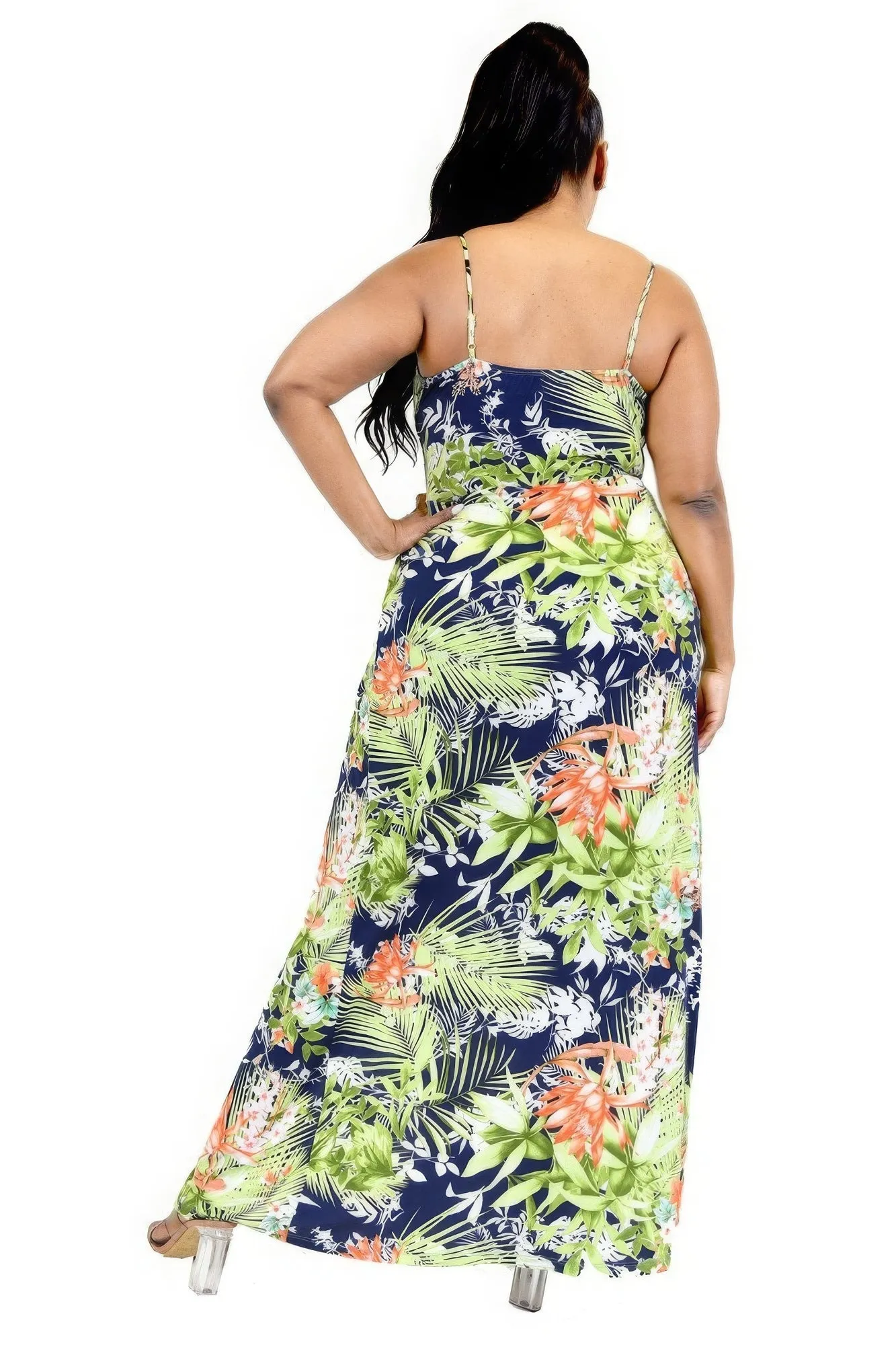 Voluptuous ( ) Plus Tropical Leaf Print Surplice Plus Size Maxi Dress