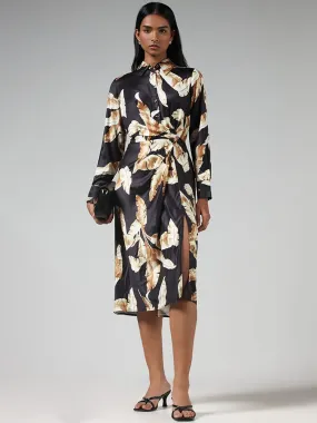 Wardrobe Black Leaf Printed Ruched Dress