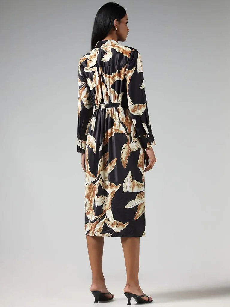 Wardrobe Black Leaf Printed Ruched Dress