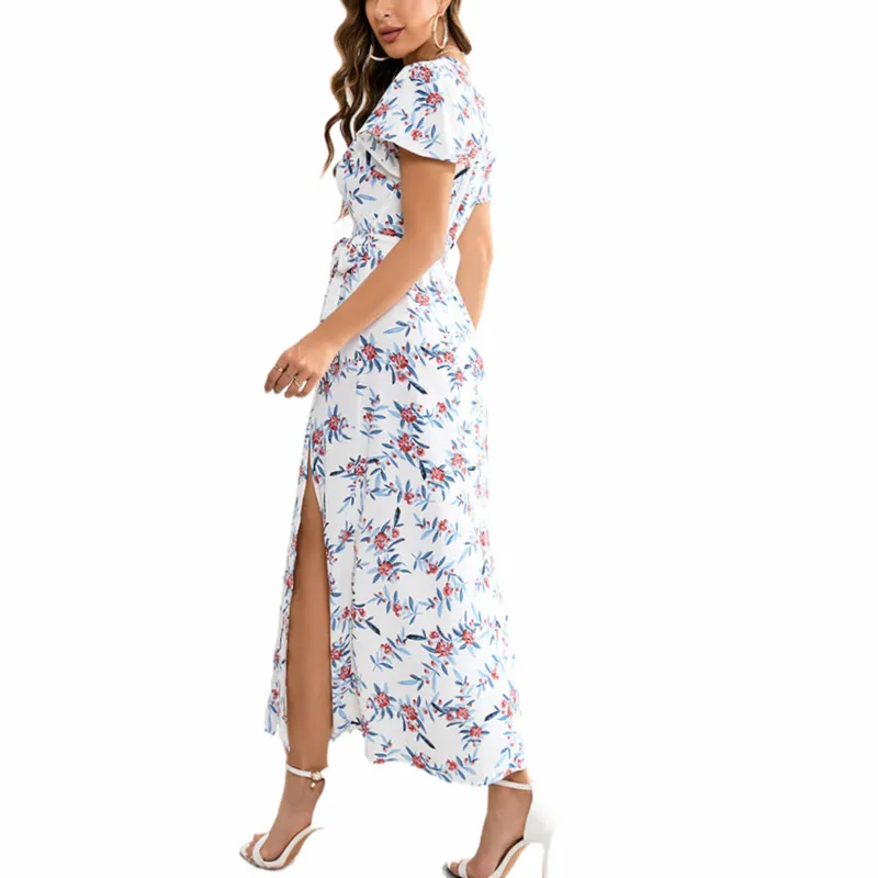 White Floral Wrap Dress | Slit Hem Maxi