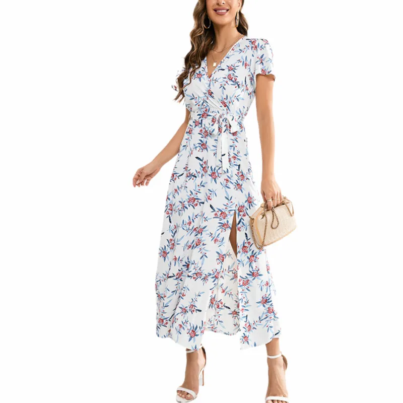 White Floral Wrap Dress | Slit Hem Maxi