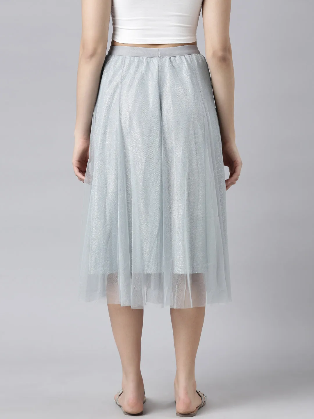 Women Solid Grey Flared Midi Sheer Skirt