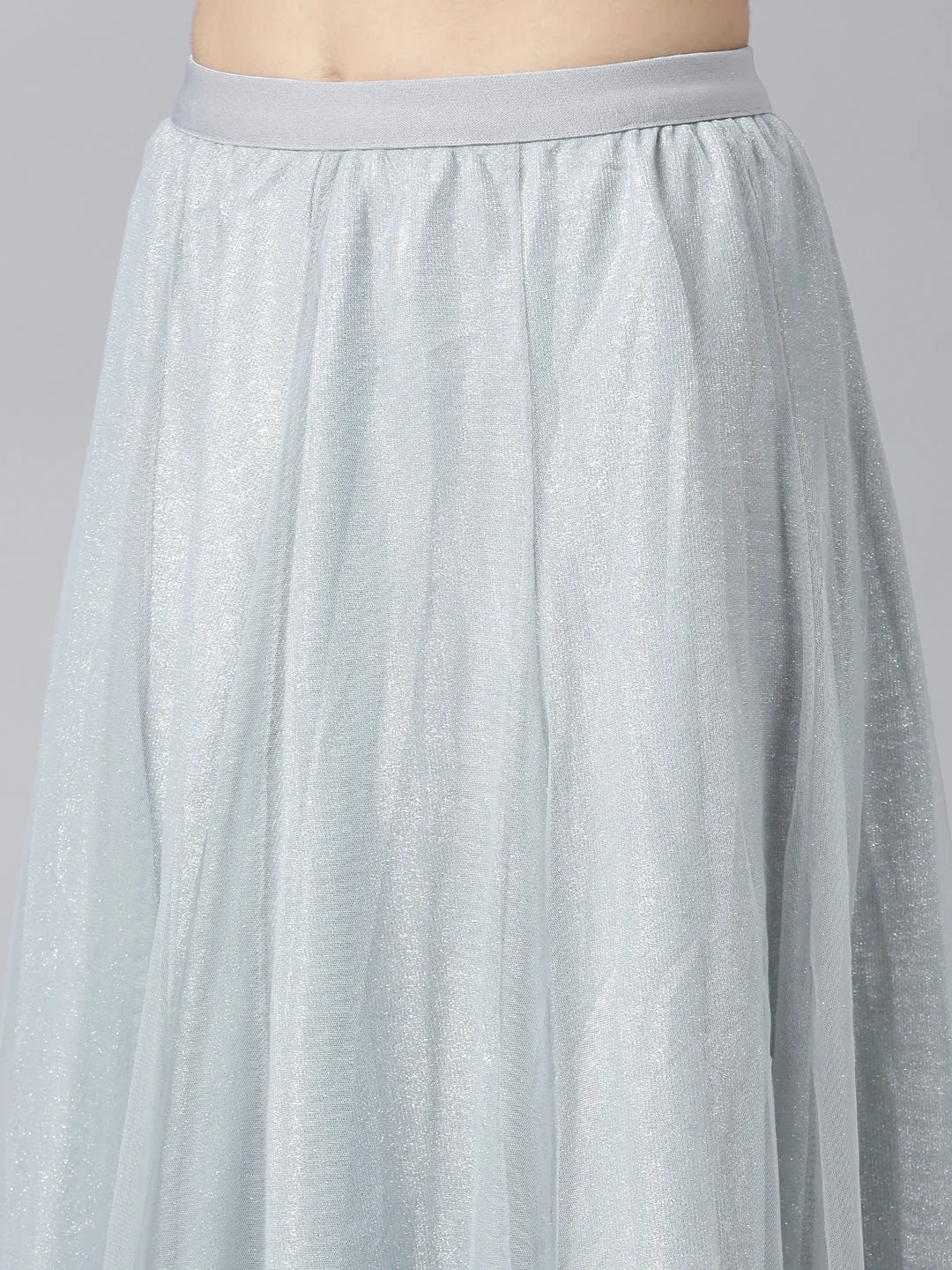 Women Solid Grey Flared Midi Sheer Skirt