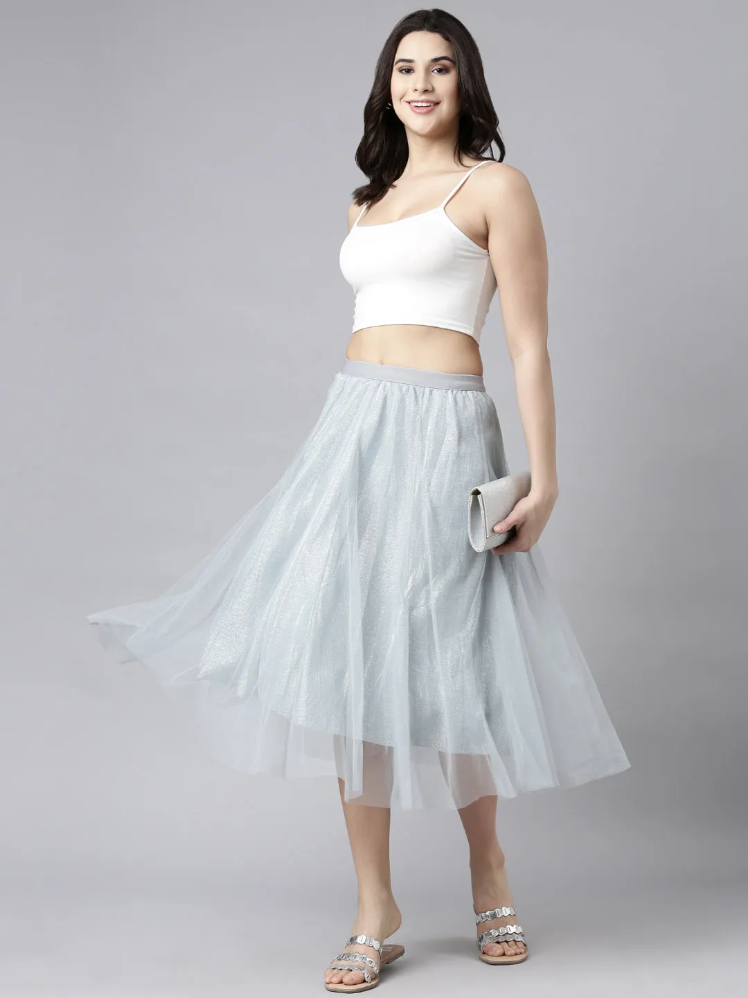 Women Solid Grey Flared Midi Sheer Skirt