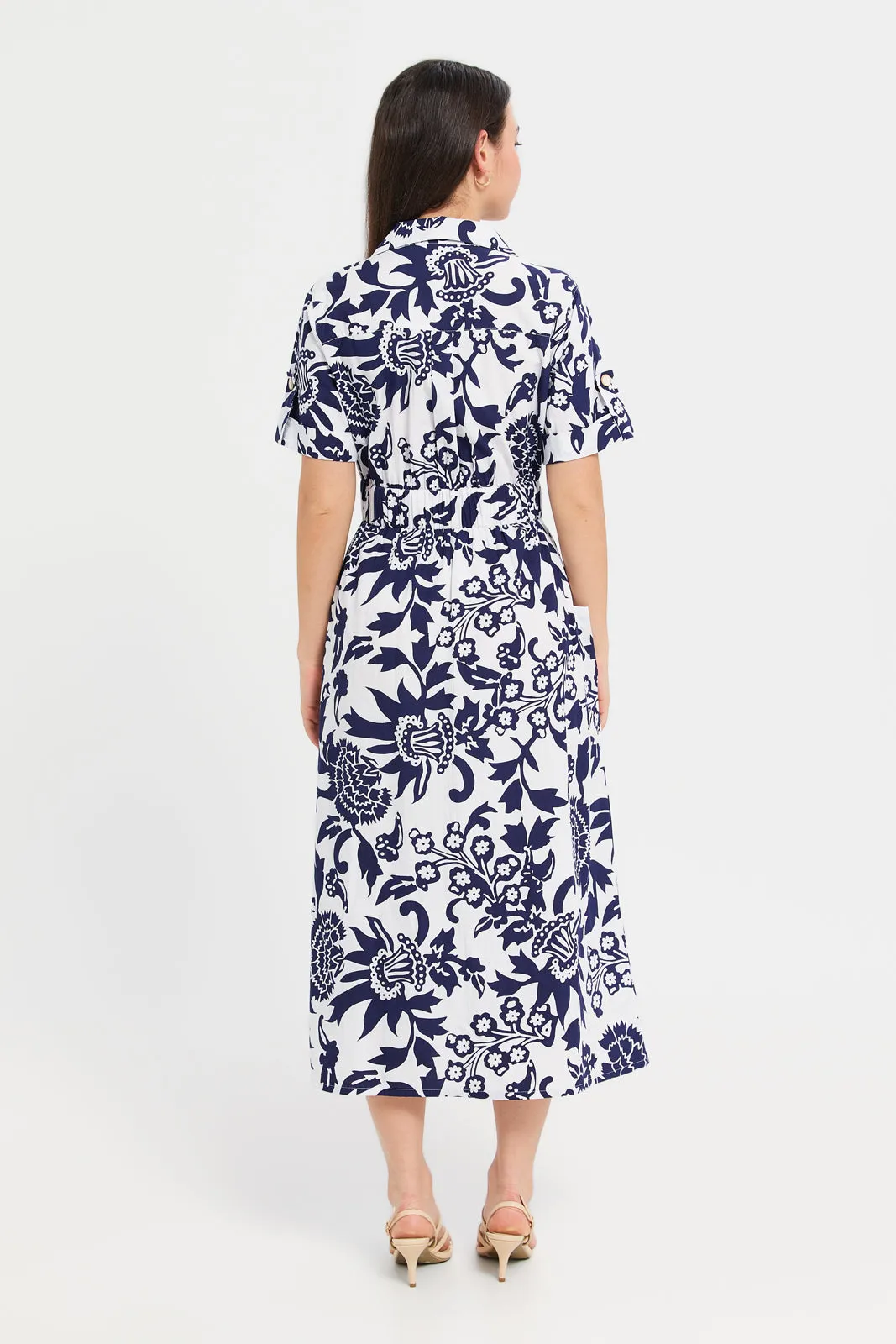 Women White And Blue Printed Shirt Dress With Belt