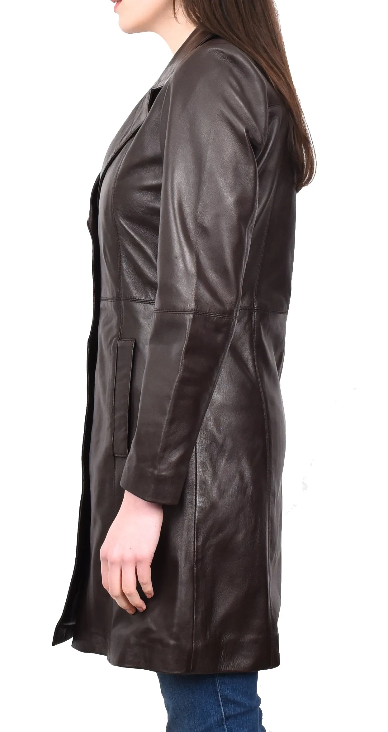 Women's 3/4 Length Soft Leather Classic Coat Brown Trenzia