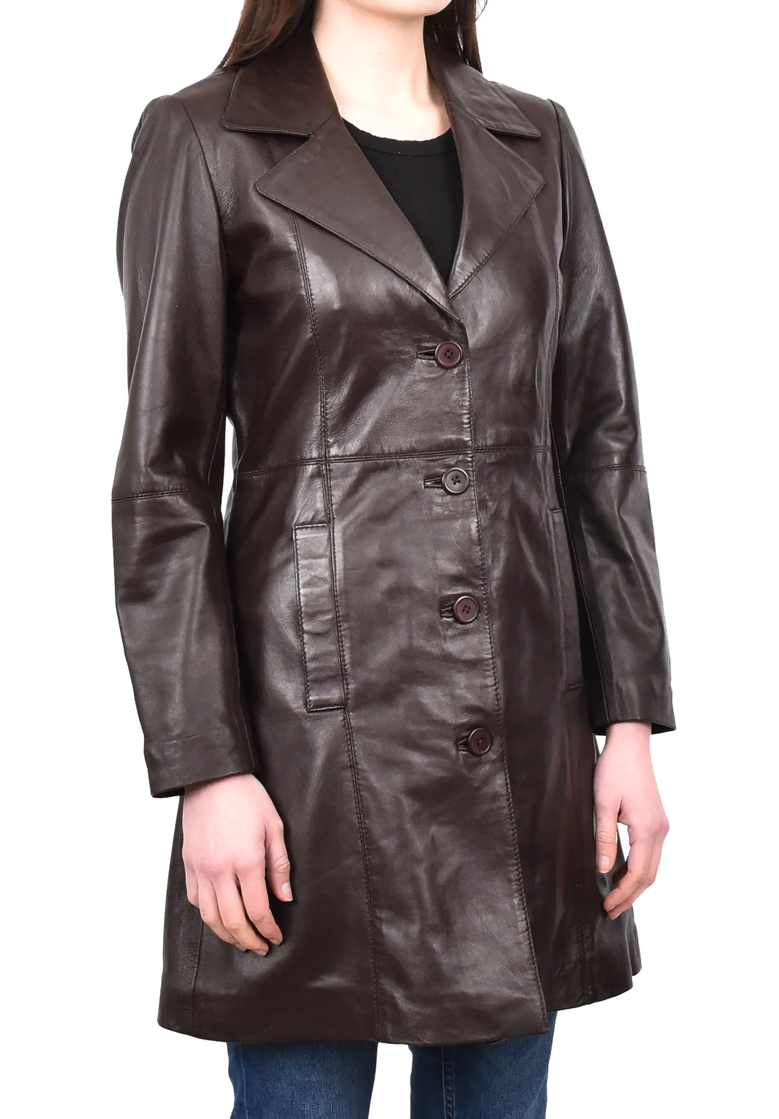 Women's 3/4 Length Soft Leather Classic Coat Brown Trenzia