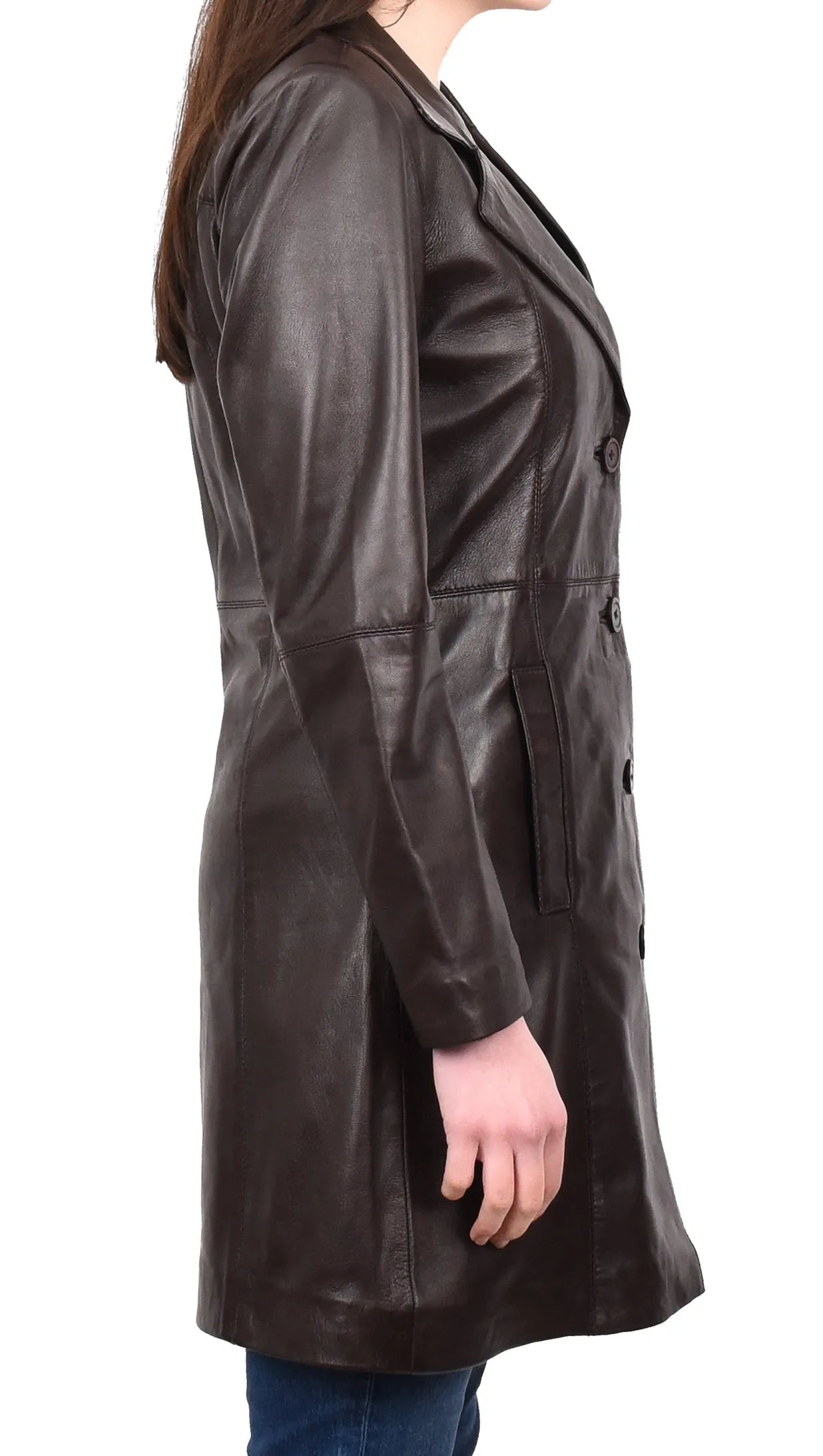 Women's 3/4 Length Soft Leather Classic Coat Brown Trenzia