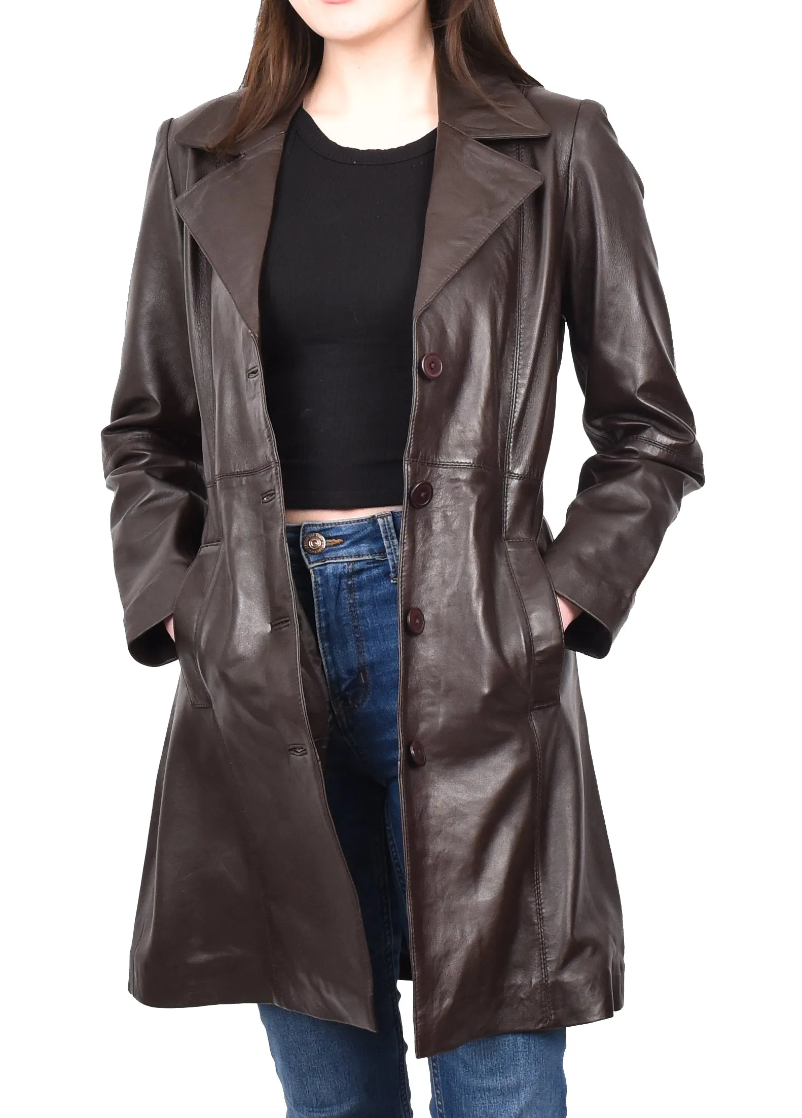 Women's 3/4 Length Soft Leather Classic Coat Brown Trenzia