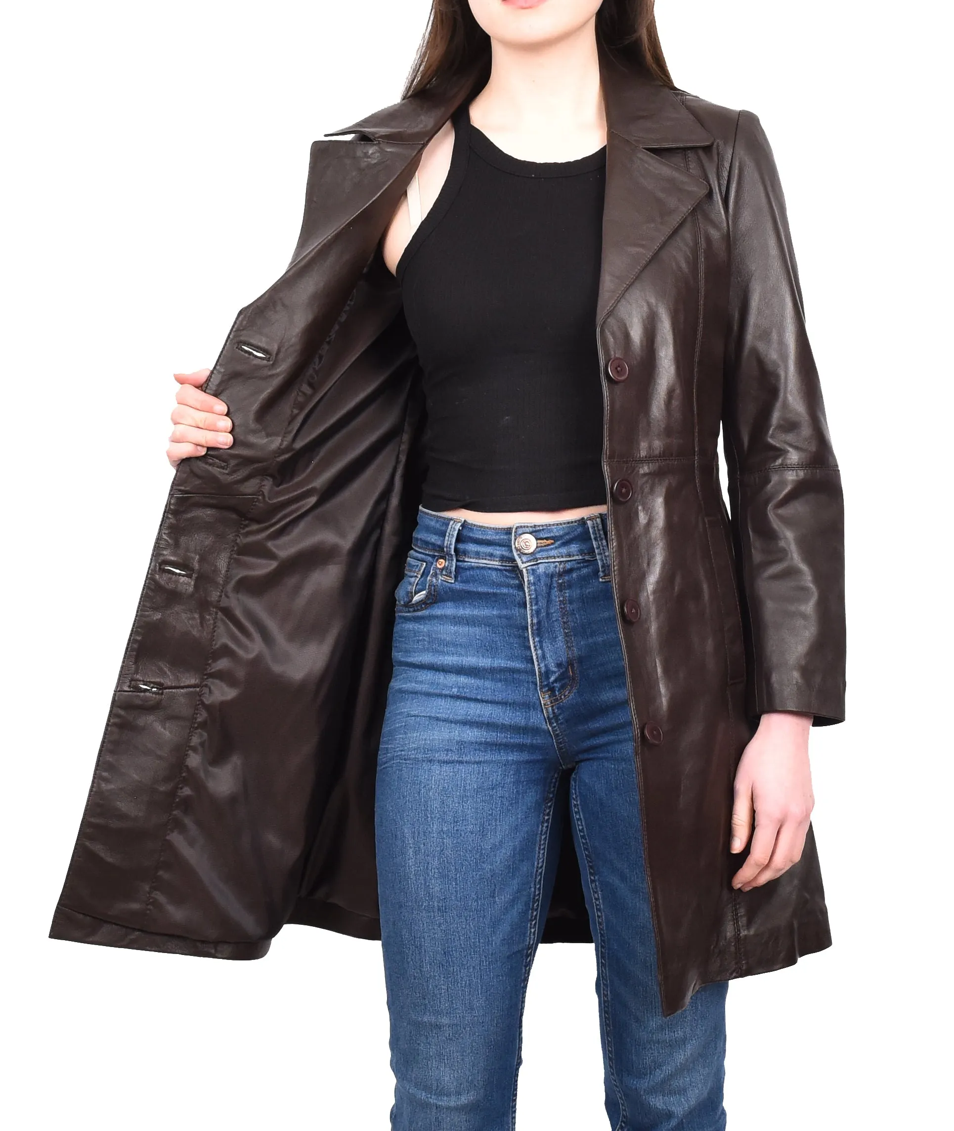 Women's 3/4 Length Soft Leather Classic Coat Brown Trenzia