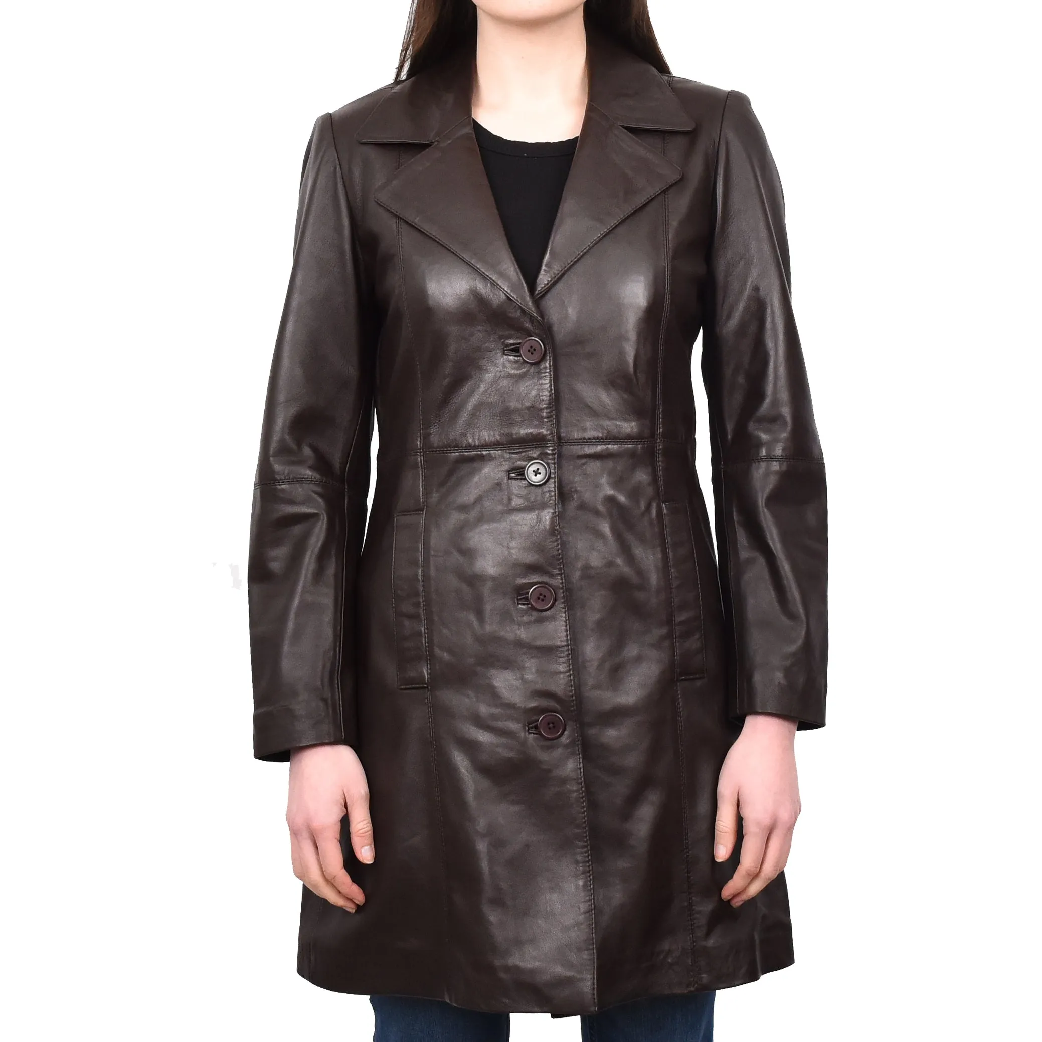 Women's 3/4 Length Soft Leather Classic Coat Brown Trenzia