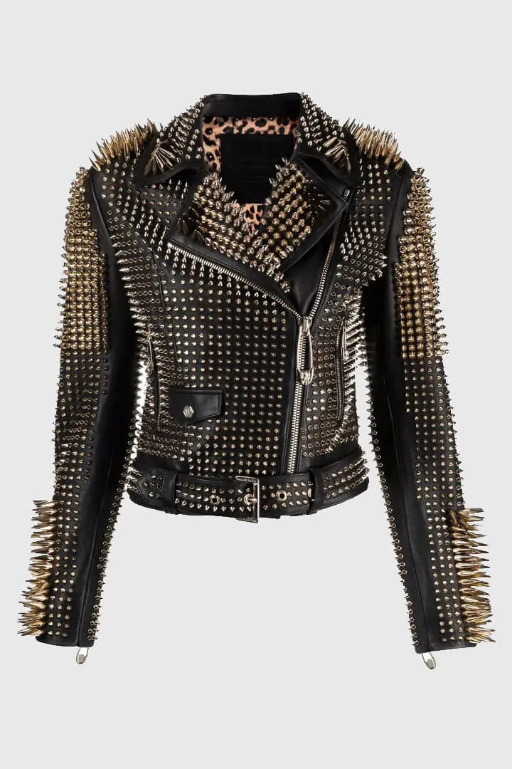 Women's Black Punk Silver Long Spiked Studded Leather Biker Jacket