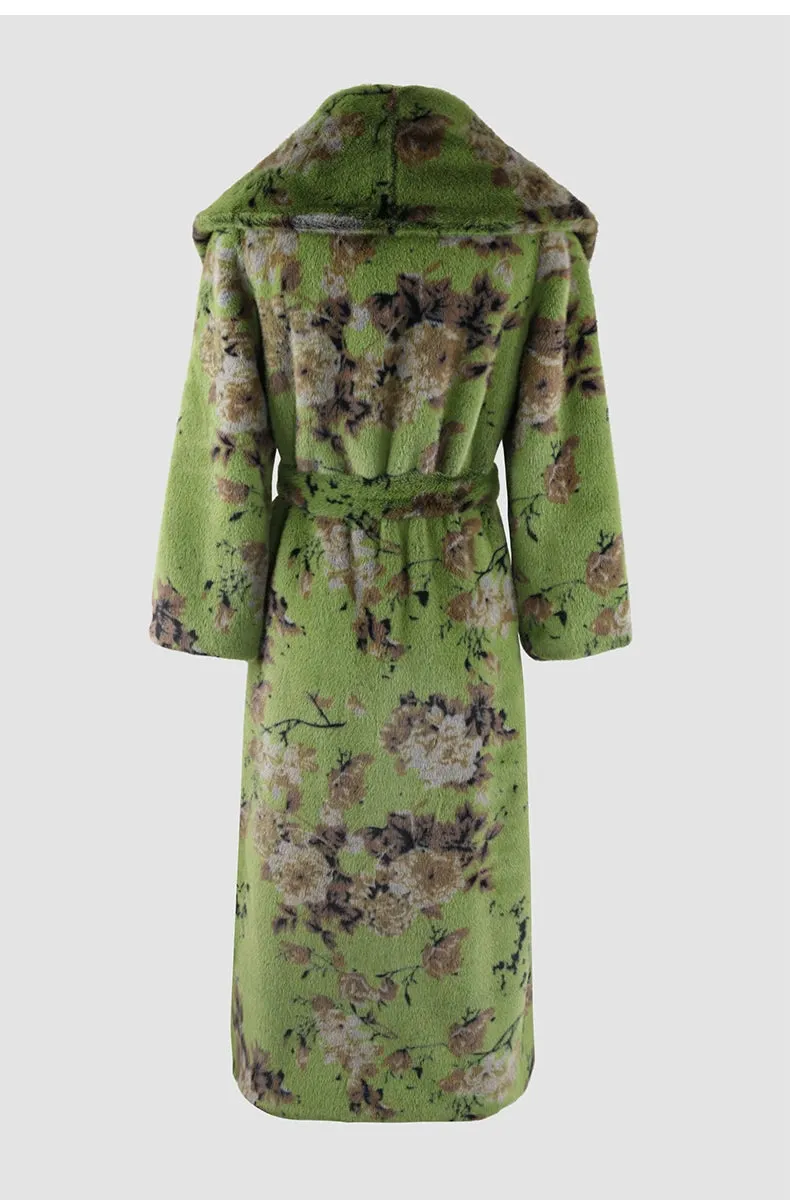 Women's Floral Print Long Faux Fur Plush Wrap Coat