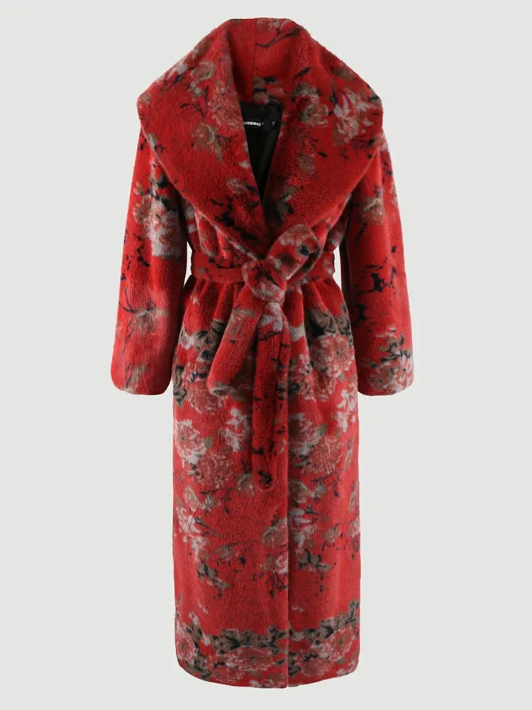 Women's Floral Print Long Faux Fur Plush Wrap Coat